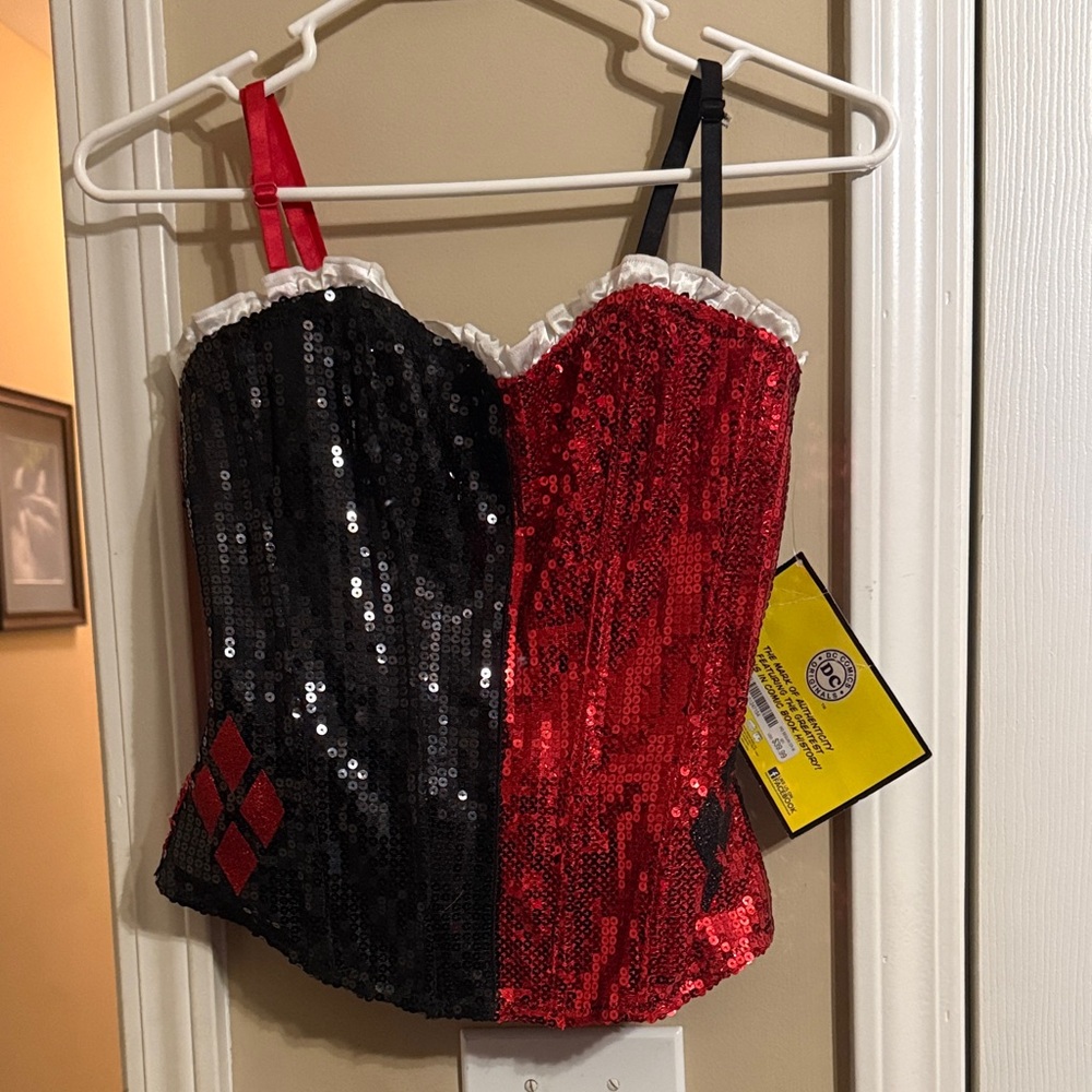 NWT Harley Quinn Red and Black Sequin Corset Top